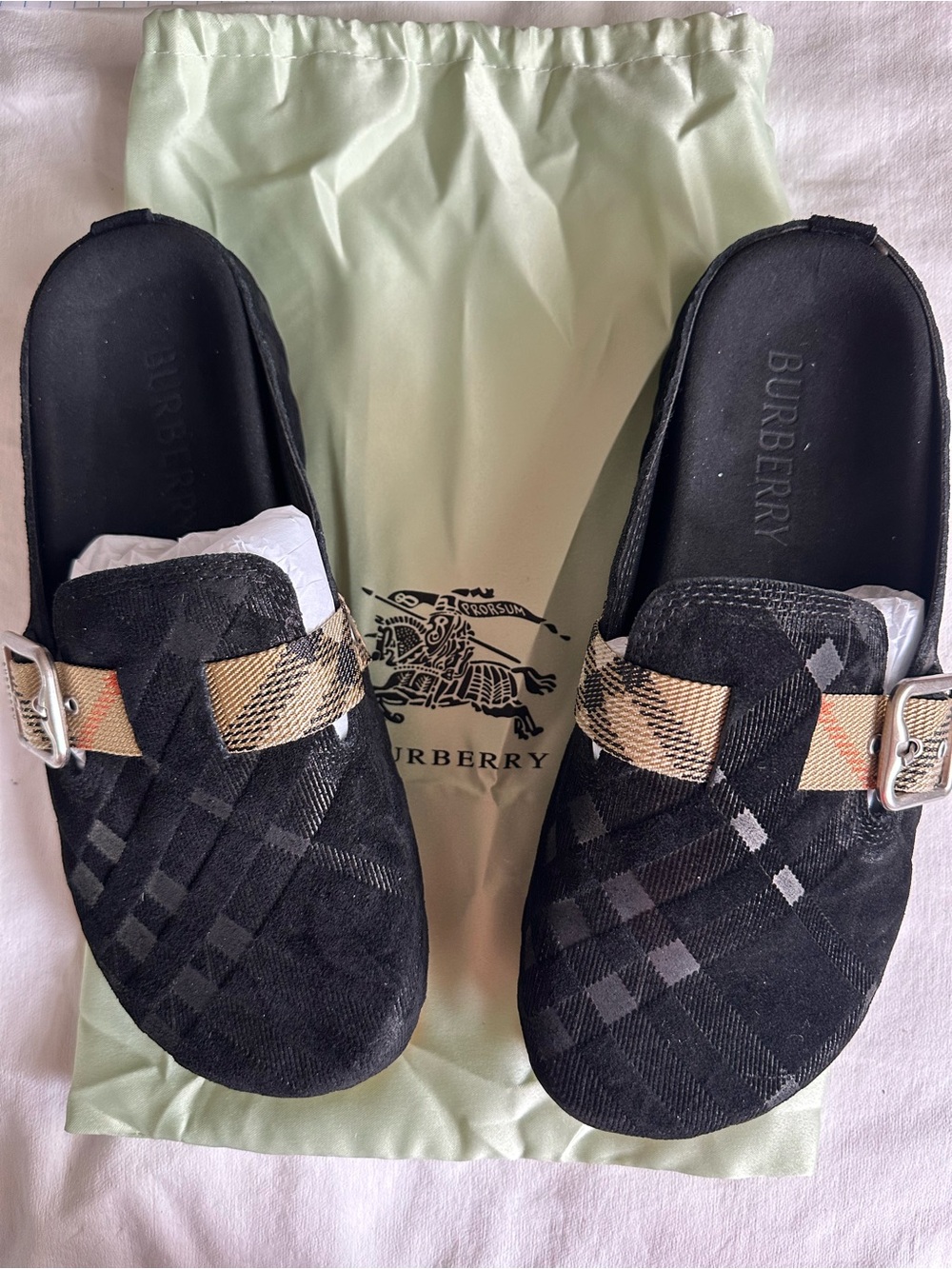 Burberry Black Check Slip-On Clogs with Vintage Check Strap